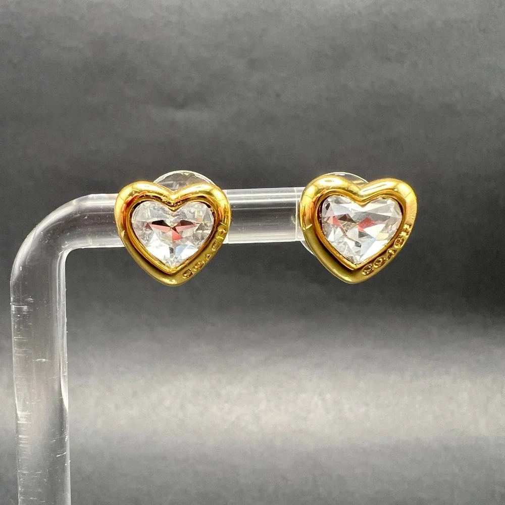 Coach Heart Stud Earrings Gold Tone Clear Crystal Logo Engraved Romantic Jewelry - Picture 1 of 7